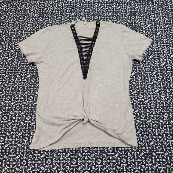 Emma & Sam Grey & Black Deep V-Neck Lace Up Casual Punk Rock Loose Fit T-Shirt - Picture 1 of 6